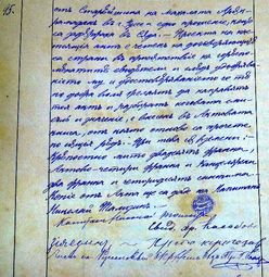 Факсимиле на нотариалния акт №95 от 30 май 1880 г., съгласно който е засвидетелствана една от сделките на капитан Н.Ф.Тализин за придобиване „доброволно и ненасилно“ от Арабаджи Абди ага Абдула собствената му нива, състояща се от 26 дюлюма и 3 лехи, намираща се в Русенското землище, в дола на Астарджийската чешма и Батмиш за 135 рубли сребърни, или 499 франка и 50 сантима. Свидетели на акта са русенските жители Христо Касабов, Зия ефенди и Христо Карагьозов. Ръкопис. Копие.