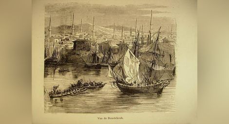 Гравюра на пристанището на Русе през 1856 година с приставащите на скелята кораби.