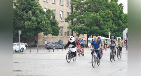Панда поведе колоната велосипедисти в първия природен триатлон. Снимка: WWF България 