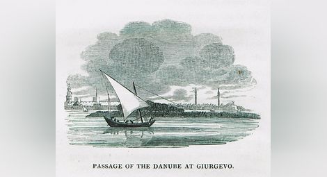 Преминаване на Дунава с турски платноход („ферибот“) от Гюргево с изглед към Русчук. По оригинала на книгата.