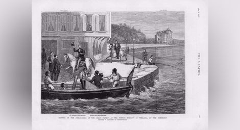 Страница от английското издание „The graphik“ от 5 август 1876 г., с изображение на граф Игнатиев на брега на Босфора в Цариград. На заден план се вижда личният му телохранител Христо Карагьозов.