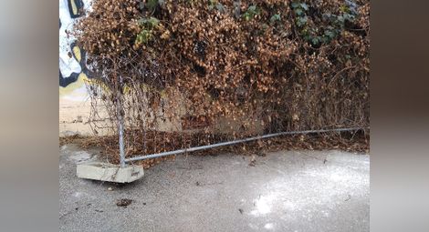 Купонджиите са преместили метални пана от оградата на Военния клуб заедно с бетоновите им „крака“.         Снимка: Авторът