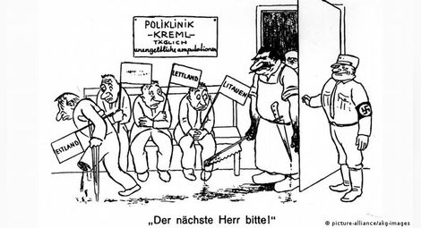 „Следващият, моля“ - пише на тази карикатура, която изобразява балтийските републики пред „кабинета“ на Сталин