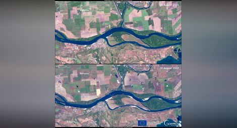 Сателитни снимки на реката между България и Румъния показват ефектите от сушата