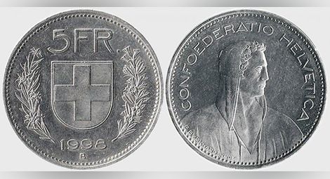 Вилхелм Тел на швейцарска монета от 5 франка, 1998 г.