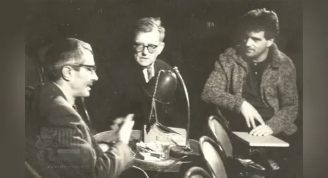 Снимка на Ромео Райчев с Дмитрий Шостакович и Евгений Немиров по време на репетиция на операта „Катерина Измайлова“, 1964 г.