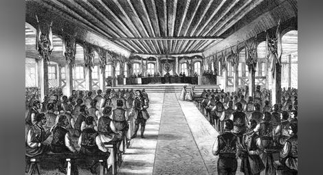 Заседание на Народното събрание в Търново, гравюра, 1879 г.                       Източник: Уикипедия
