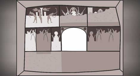Реконструкция на сцената „Възнесение Христово“ върху западната стена на наоса в „Черквата“. По-тъмните места отбелязват унищожените фигури на апостоли при по-късното изсичане на прозореца и на широкия проход.