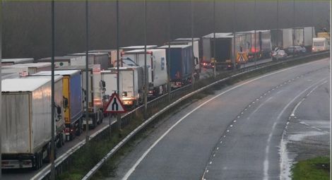 Публикацията на „Адевърул“ е илюстрирана с тази колона от тирове. „Камиони със стоки за и от Австрия са блокирани на границата между България и Румъния“, гласи текстът. Снимка: adevarul.ro