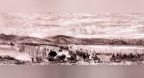 Бягство на турците от гр. Бяла по моста на Колю Фичето. (Гравюра на А. Даугел в „Иллюстрированная хроника войны“ от 5 август 1877, № 31, с. 248, приложение към № 440 на сп. „Всемирная илюстрация“). Всъщност Приложението е под № 449, като е неправилно записано от мен в изданието ми под № 440.