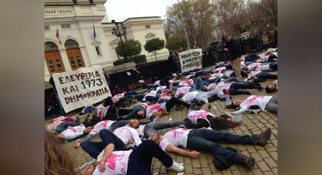 "Ранобудните студенти" изиграха "мъртвешко хоро" пред парламента
