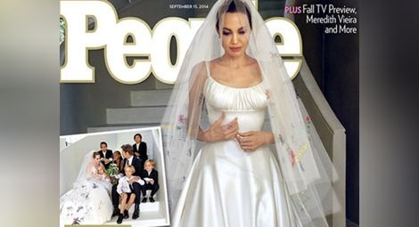 Анджелина мина под венчило с най-шантавата булчинска рокля